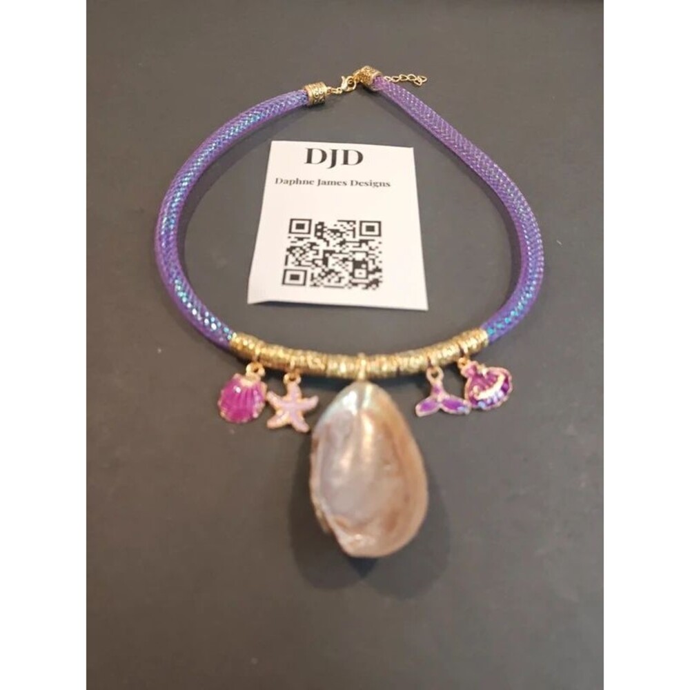 Handmade Purple Mesh Tube Choker | Florida Mussel Shell Pendant